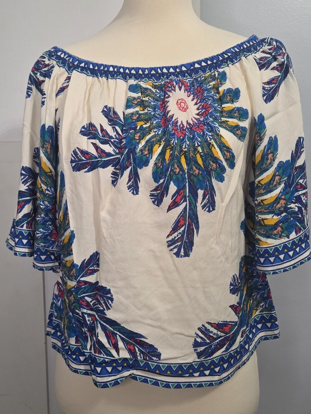 Flying Tomato - Cream On/Off-Shoulder Top with Blue Pink And Yellow Florals